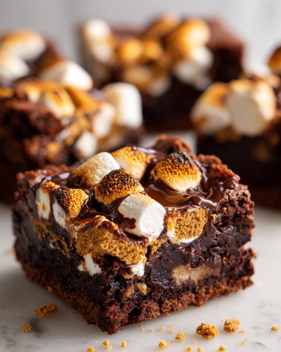 Close-up of a delicious S'mores Brownie Bar with toasted marshmallows and chocolate.
