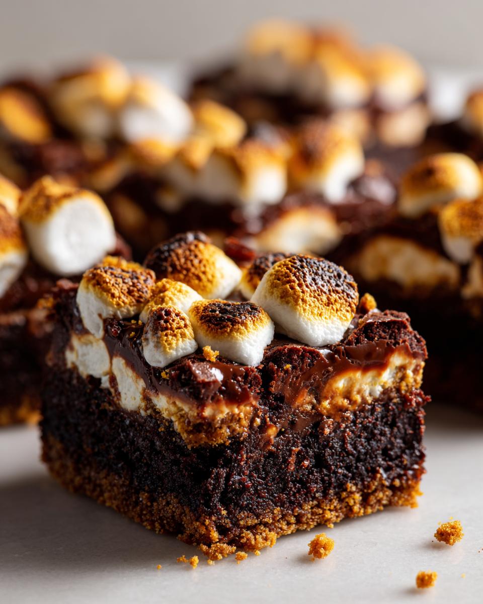 Close-up of a delicious S'mores Brownie Bar slice with toasted marshmallows and chocolate.
