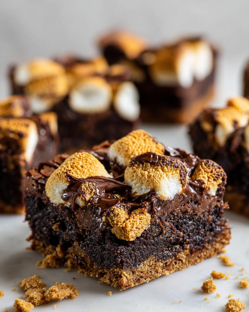Close-up of a S'mores Brownie Bar with toasted marshmallows, chocolate, and graham cracker crust.