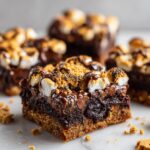 Close-up of a S'mores Brownie Bar with marshmallows, chocolate, and graham cracker crumbs.