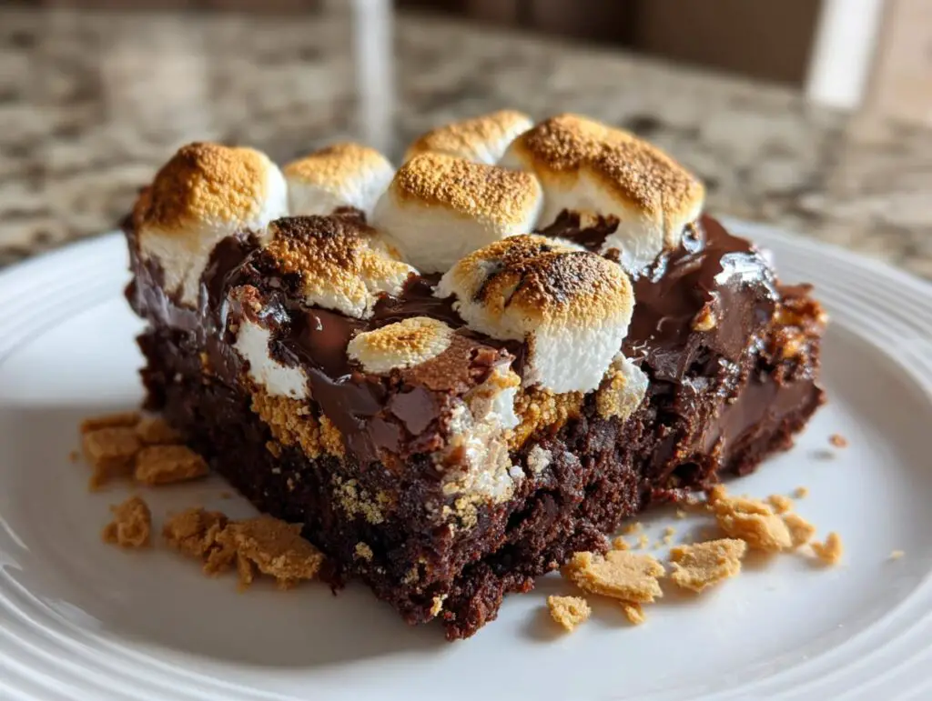 Close-up of a slice of S'mores Brownie Bars with toasted marshmallows and chocolate.