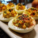 Close-up shot of Spicy Elote Deviled Eggs, topped with paprika and chives, on a white plate.