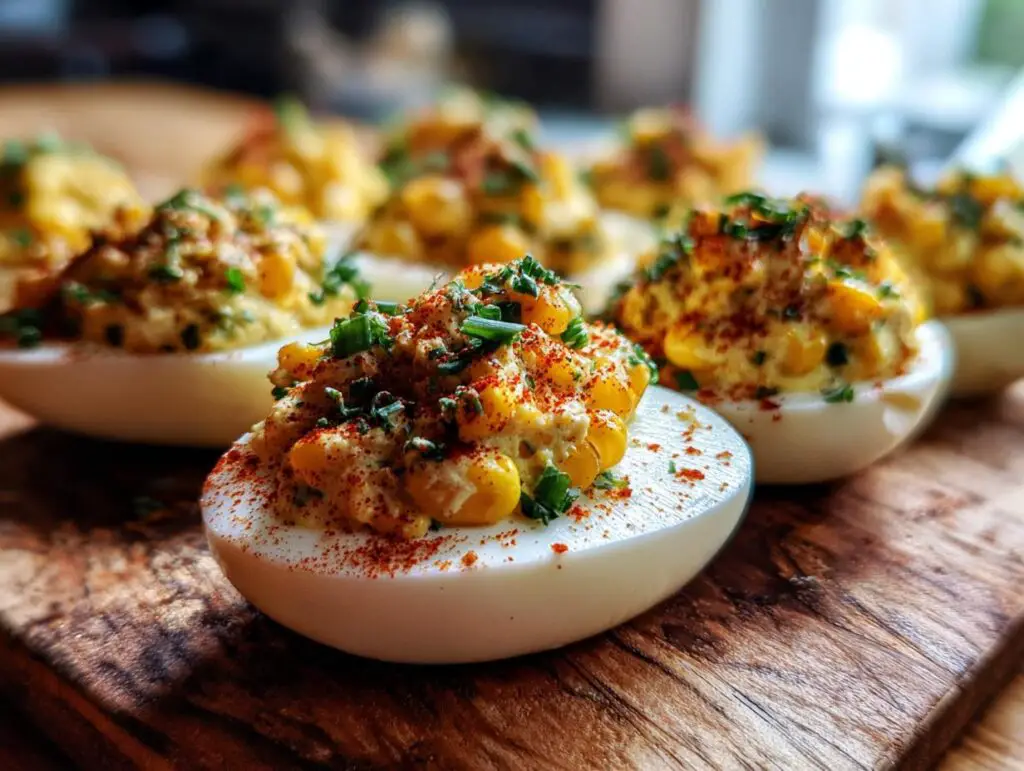 Close-up of Spicy Elote Deviled Eggs, garnished with chives and paprika, on a wooden board.