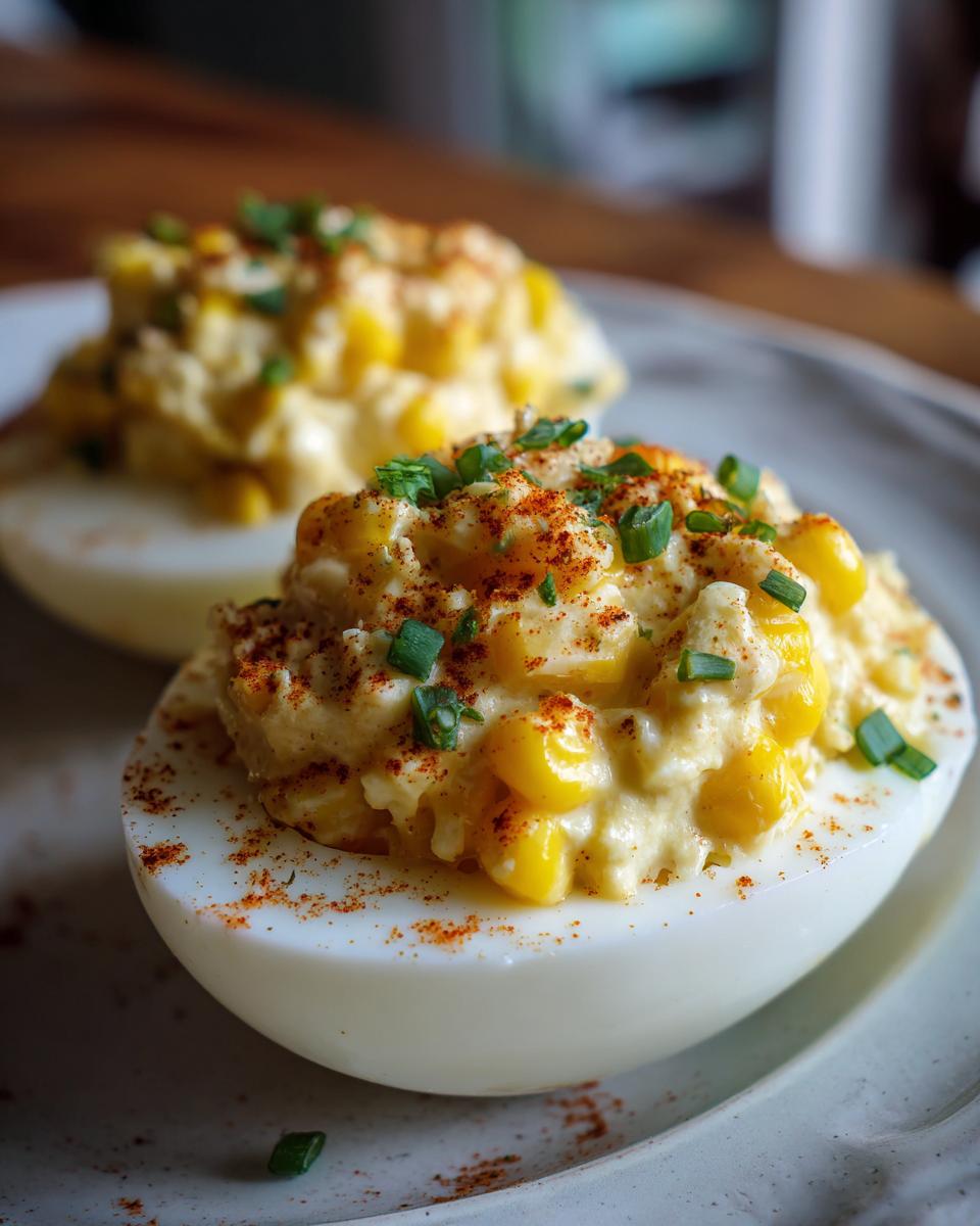 Close-up of Spicy Elote Deviled Eggs, garnished with chives and paprika, on a plate.