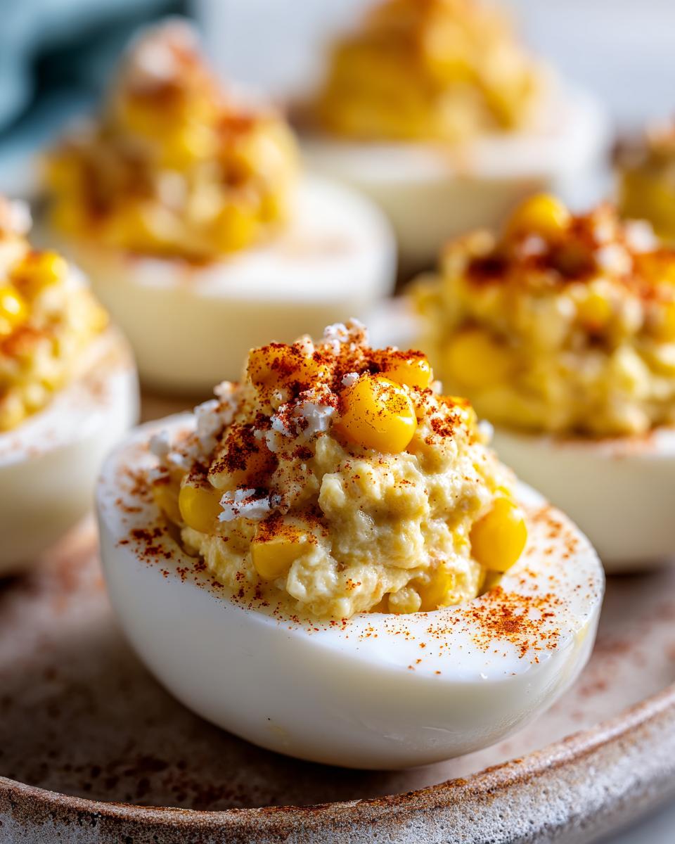 Close-up of Spicy Elote Deviled Eggs, showing filling with corn and paprika.