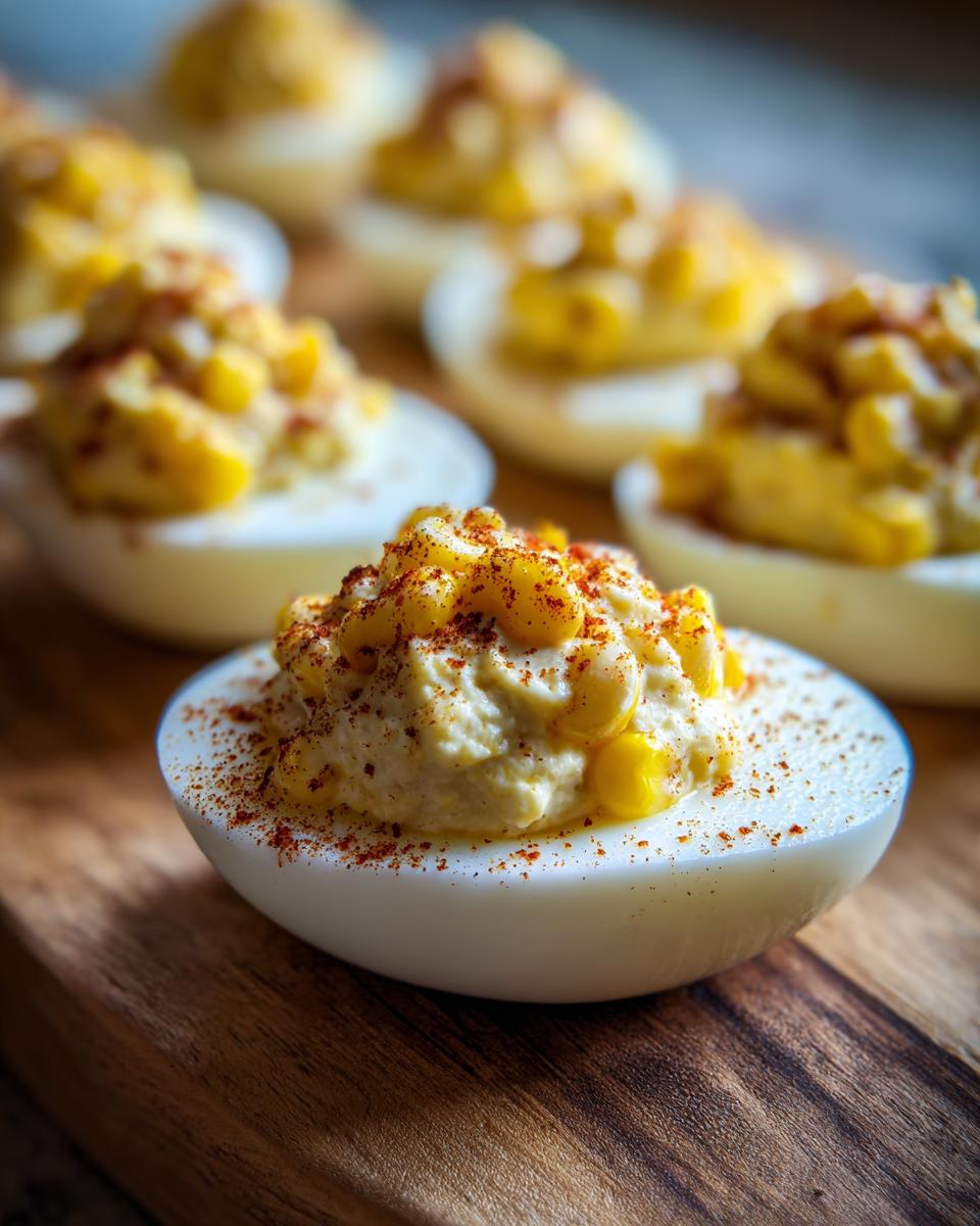 Close-up of Spicy Elote Deviled Eggs, showing creamy filling, corn, and paprika.