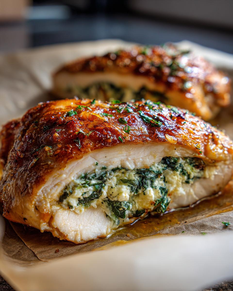 Close-up of Spinach & Feta Stuffed Chicken, showing the filling and crispy skin.