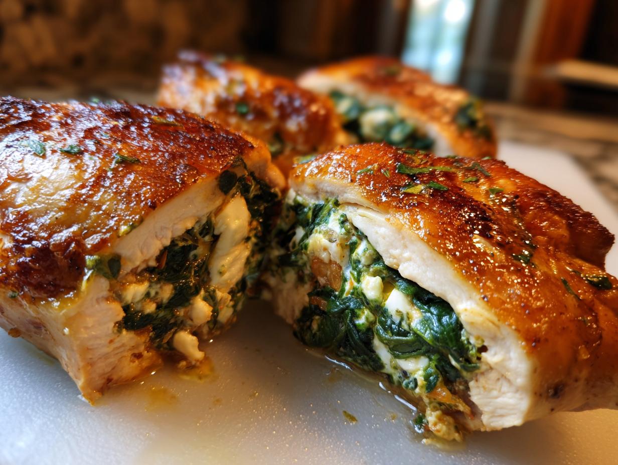 Close-up of Spinach & Feta Stuffed Chicken, showing the filling of spinach and feta.
