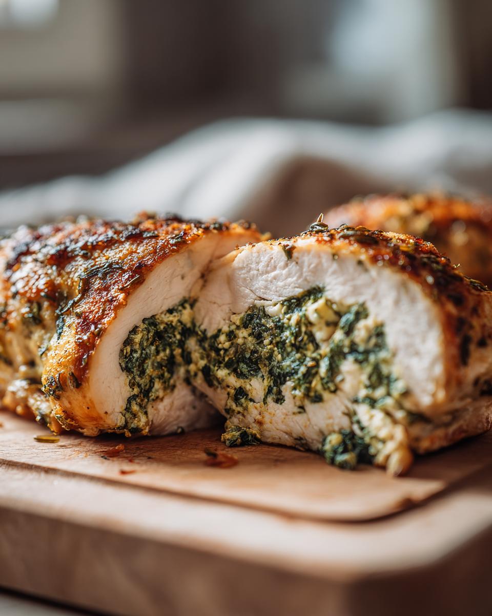 Close-up of Spinach & Feta Stuffed Chicken, showing the delicious filling.