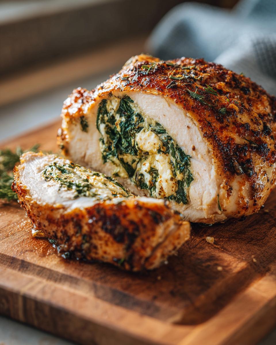 Sliced Spinach & Feta Stuffed Chicken on a wooden board, showing the filling.