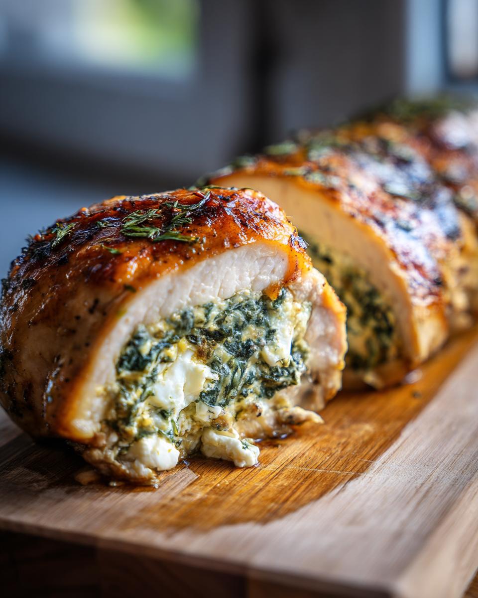 Close-up of sliced Spinach & Feta Stuffed Chicken on a wooden board, showing the filling.