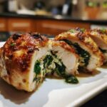 Close-up of sliced Spinach & Feta Stuffed Chicken, showing the filling.