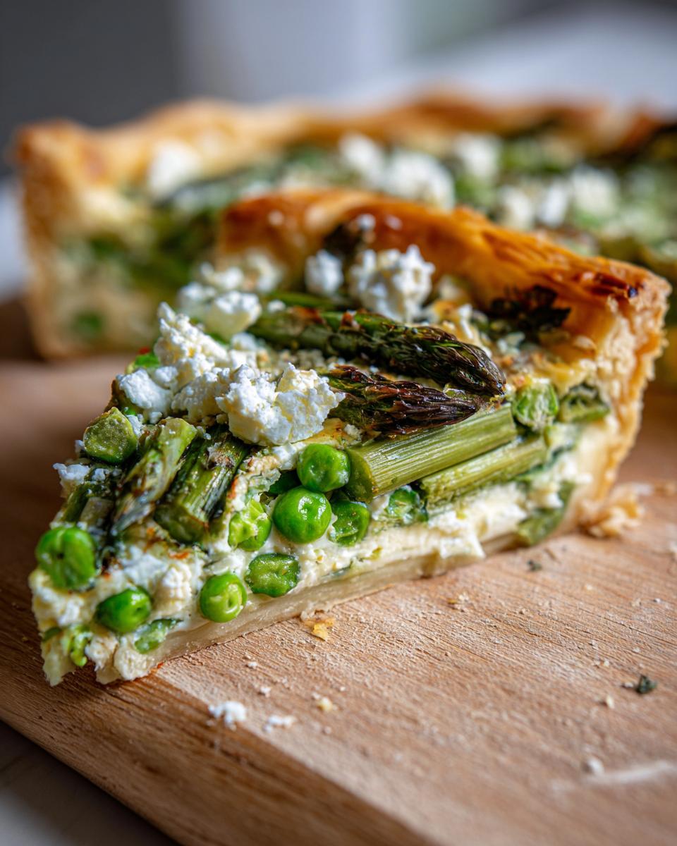 Amazing Spring Baking Recipes: 1 Tart 8 Close-up of a slice of asparagus and pea tart, perfect for Spring Baking Recipes.