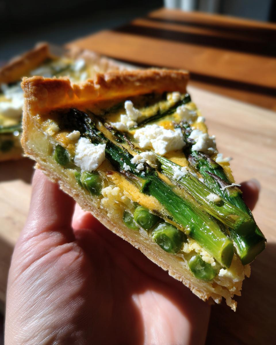 Amazing Spring Baking Recipes: 1 Tart 10 Close-up of a slice of asparagus tart, a delicious recipe for Spring Baking Recipes.
