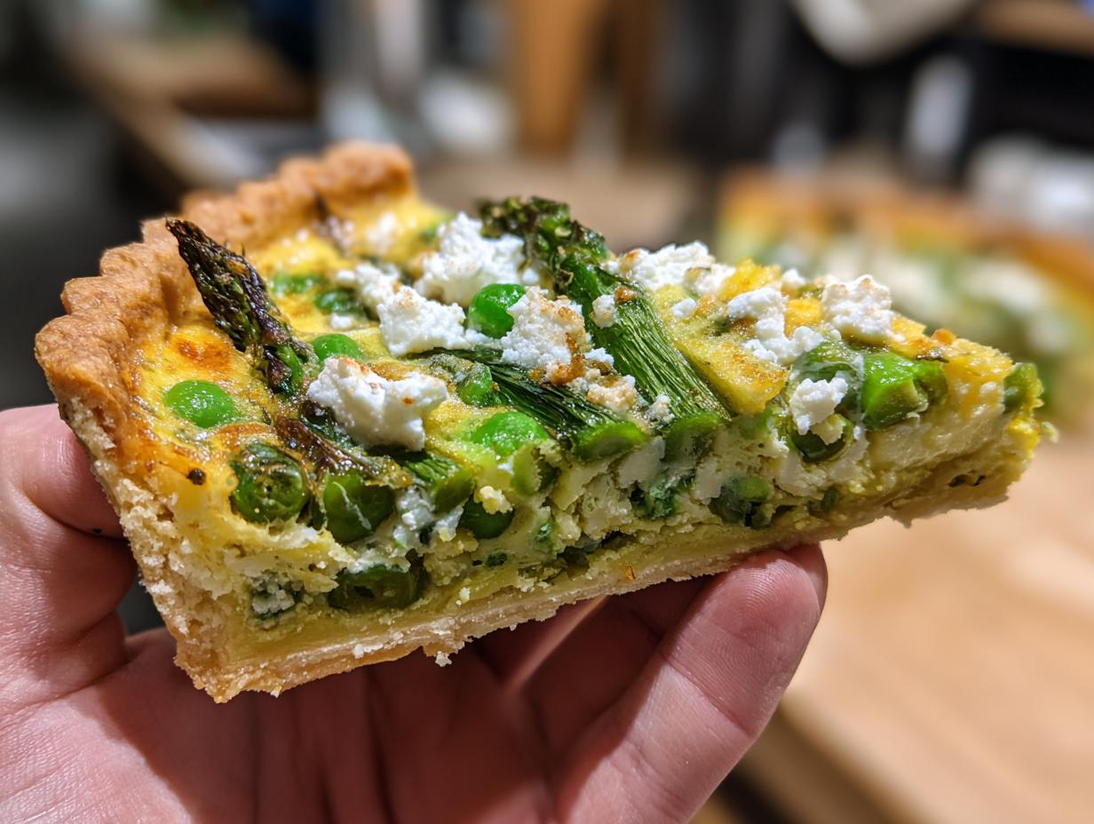 Amazing Spring Baking Recipes: 1 Tart 6 Close-up of a slice of asparagus and pea tart, a perfect example of Spring Baking Recipes.