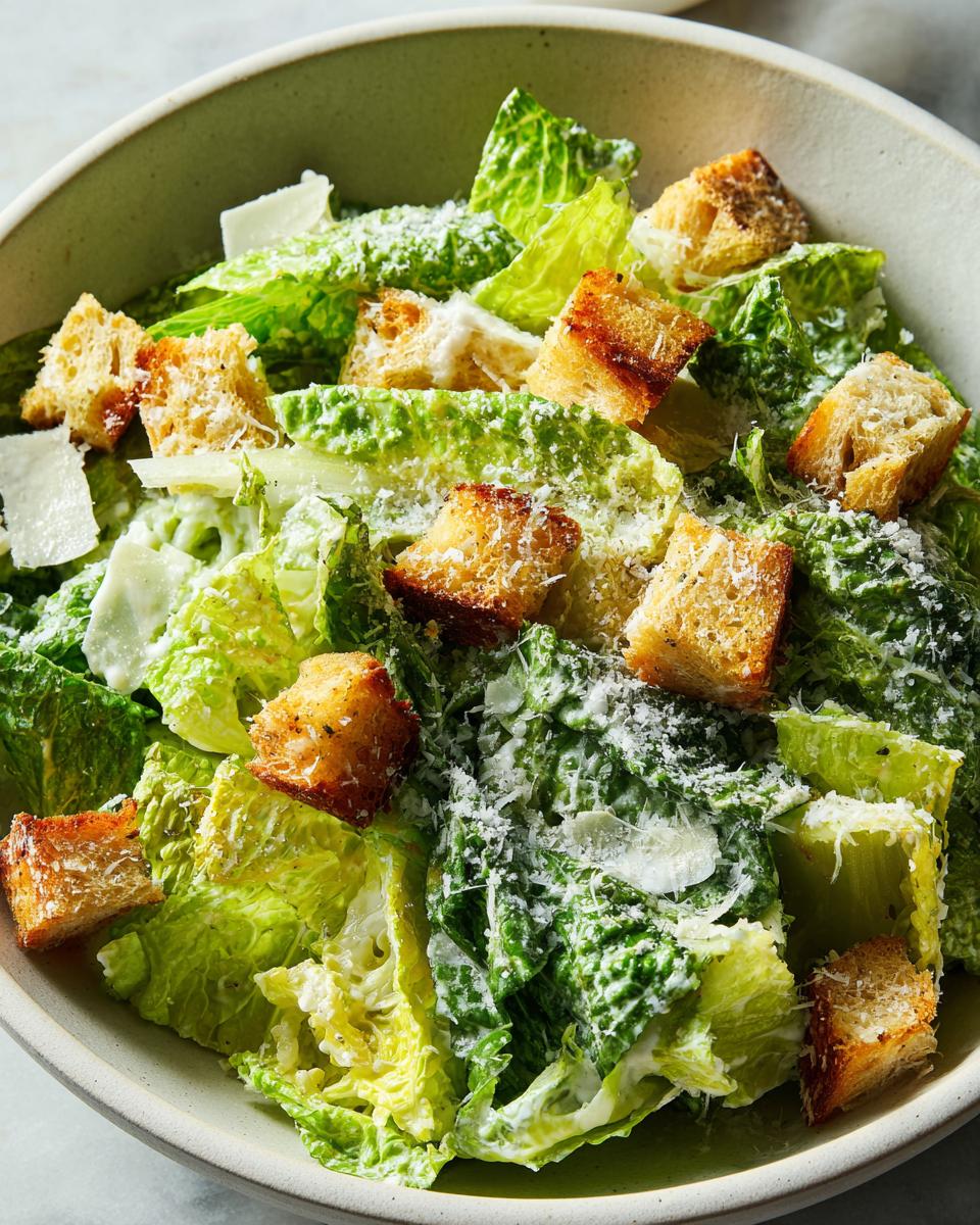 Close-up of a Spring Greens Caesar salad with homemade croutons and shaved parmesan cheese.