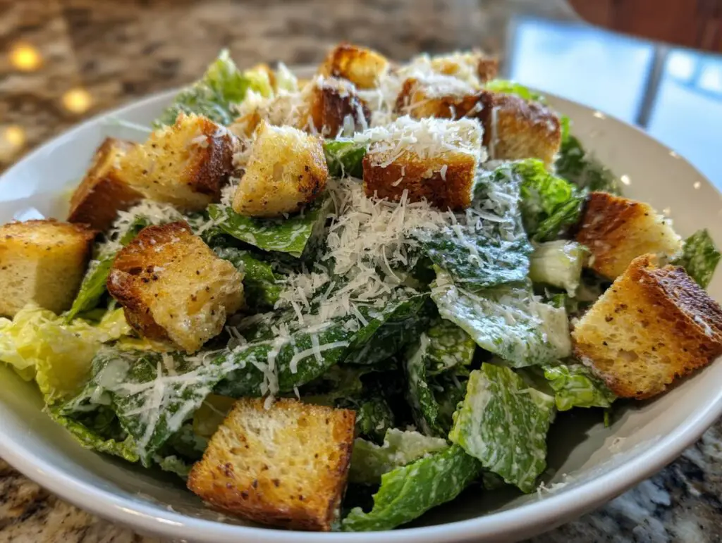 Close-up of a Spring Greens Caesar salad with homemade croutons and shaved parmesan cheese.