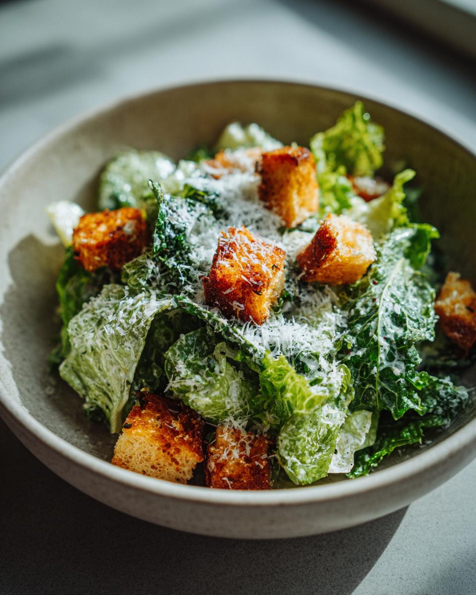 Close-up of a Spring Greens Caesar salad with homemade croutons and shaved parmesan.
