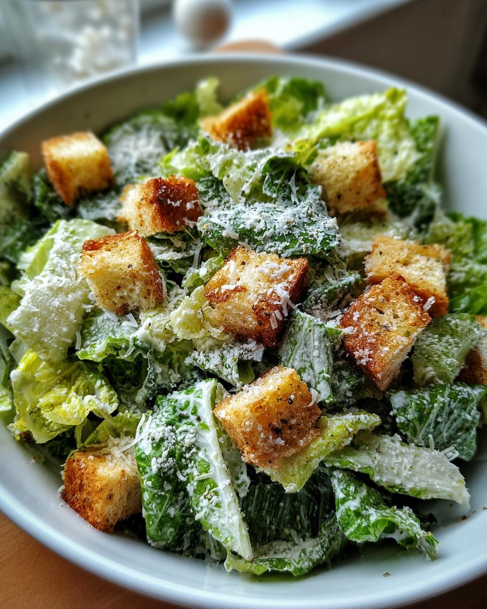 Close-up of a Spring Greens Caesar salad with homemade croutons and Parmesan cheese.