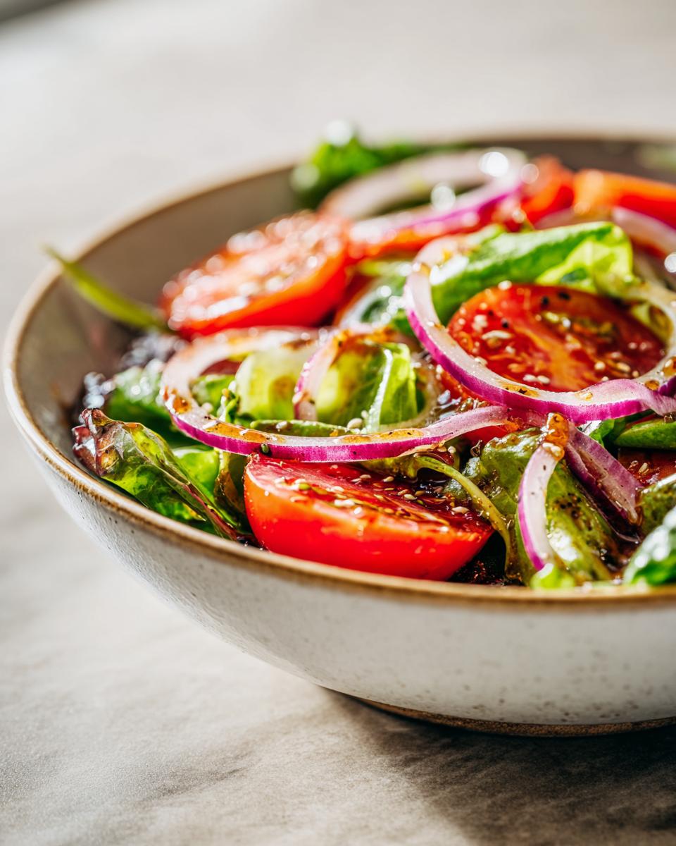 Close-up of a Spring Mix Salad with Balsamic Honey Dressing featuring tomatoes and red onion.