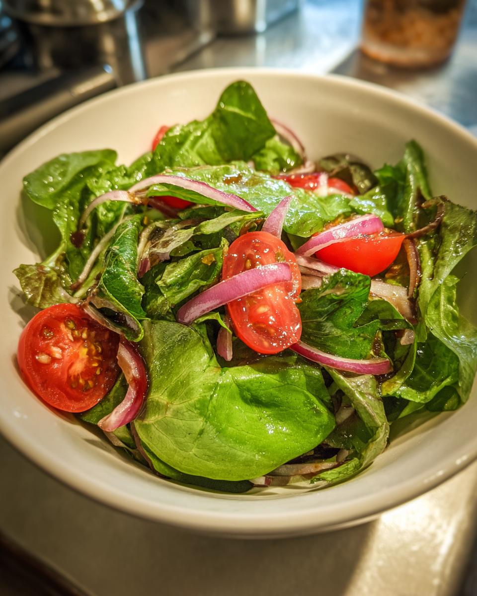 Close-up of a Spring Mix Salad with Balsamic Honey Dressing, with tomatoes and red onion.