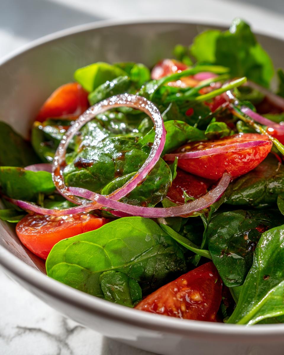 Close-up of a Spring Mix Salad with Balsamic Honey Dressing, with tomatoes and red onion.
