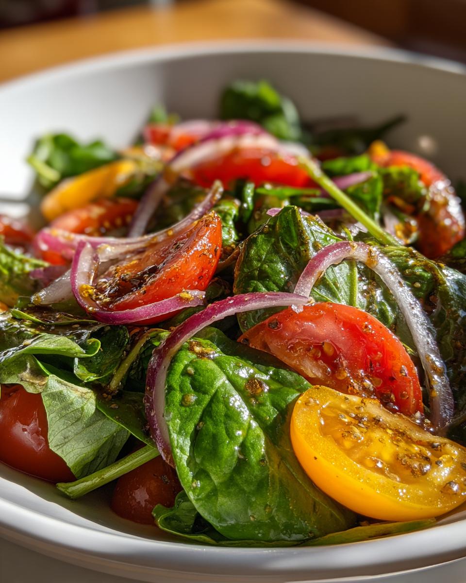 Close-up of a Spring Mix Salad with Balsamic Honey Dressing, featuring tomatoes, red onion, and fresh greens.