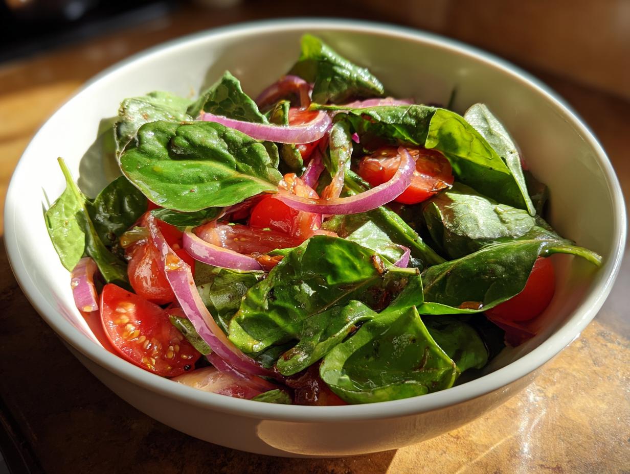 A vibrant Spring Mix Salad with Balsamic Honey Dressing in a white bowl, featuring spinach, tomatoes, and red onion.