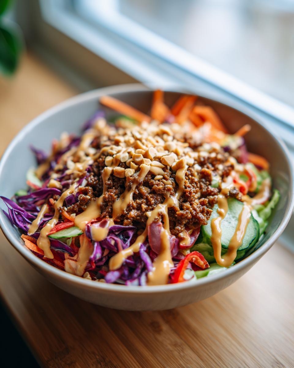 A colorful Spring Roll Bowl with Peanut Sauce, topped with peanuts and drizzled sauce.