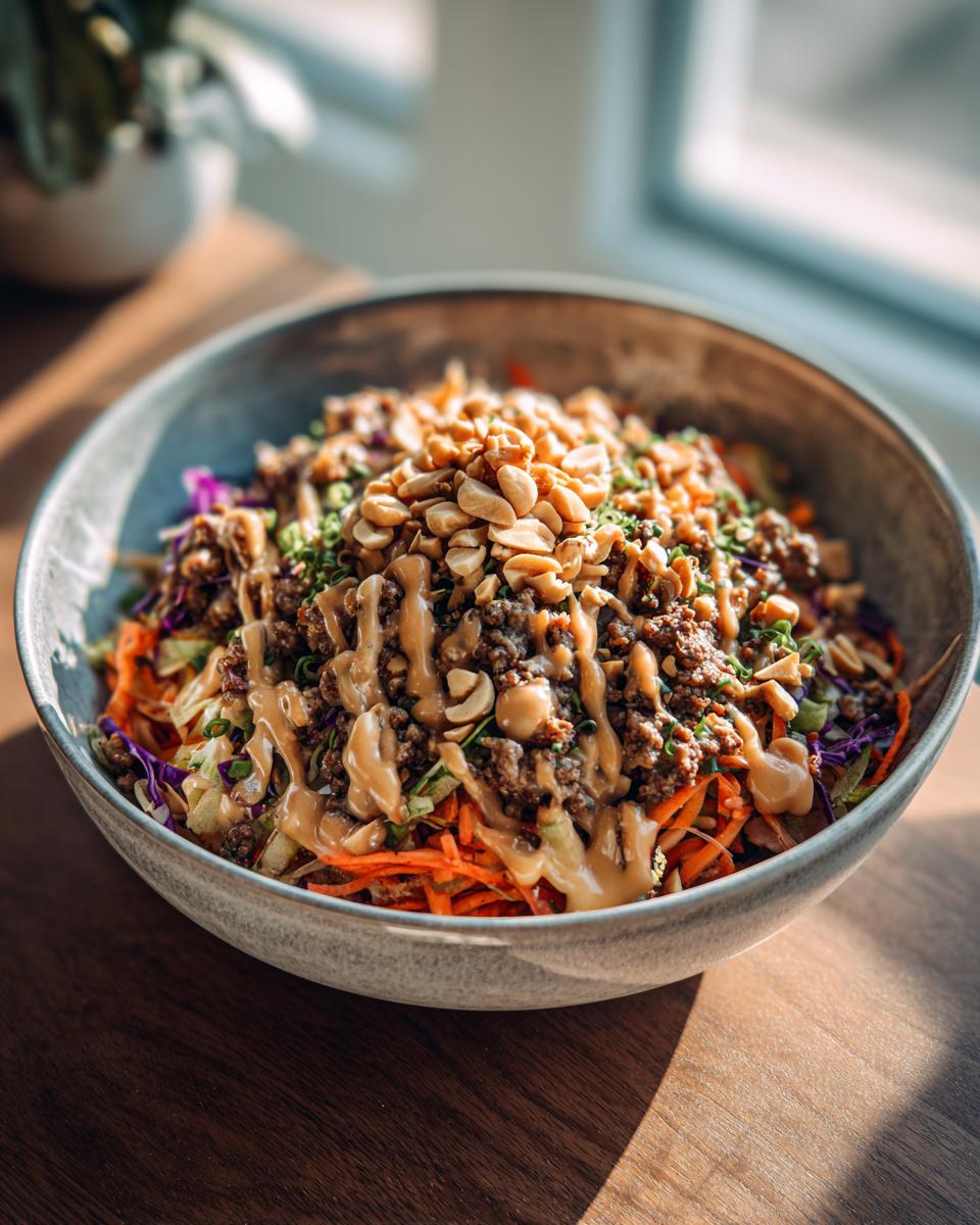 A colorful Spring Roll Bowl with Peanut Sauce, topped with peanuts, served in a grey bowl.