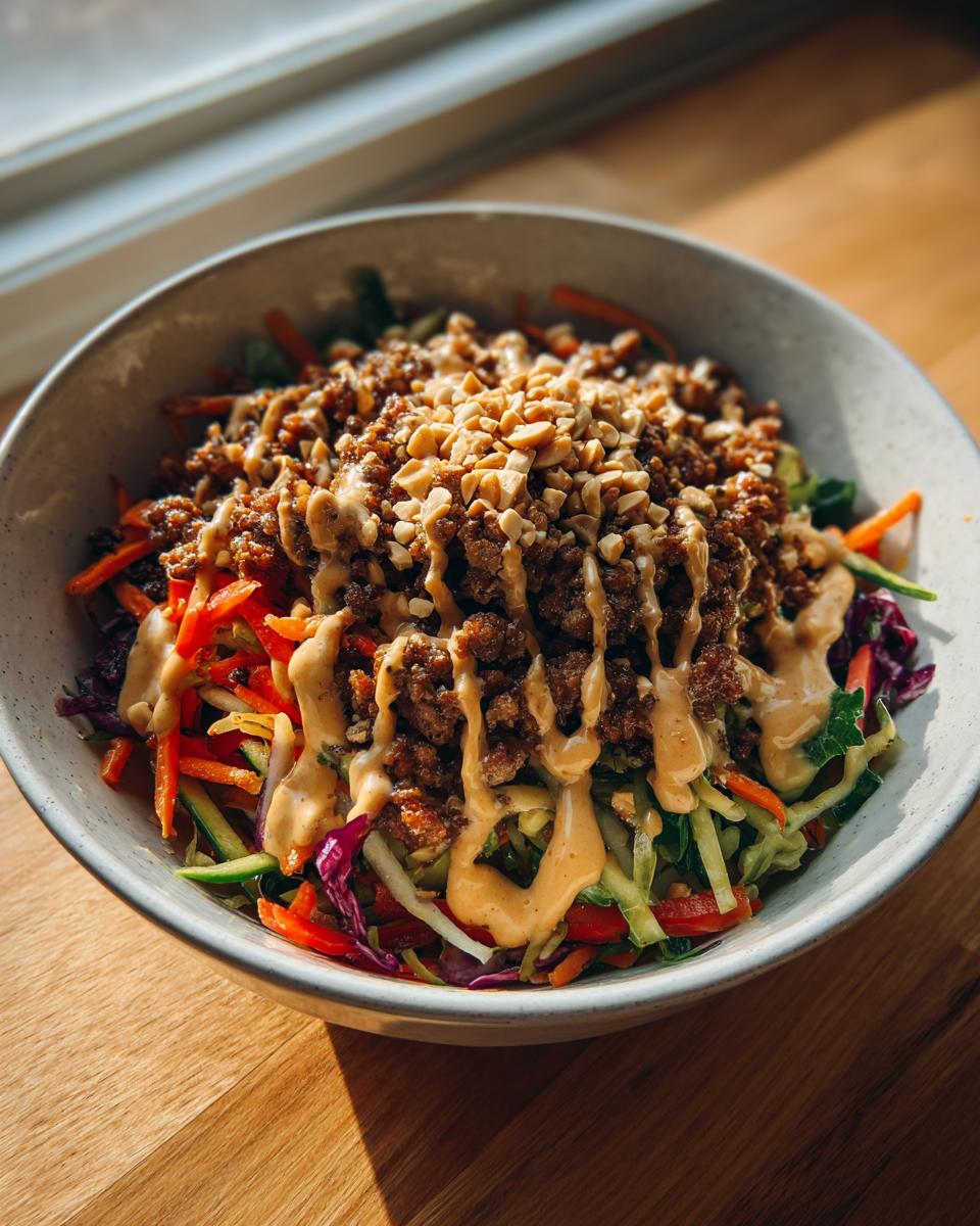 A colorful Spring Roll Bowl with Peanut Sauce, topped with peanuts and drizzled sauce.