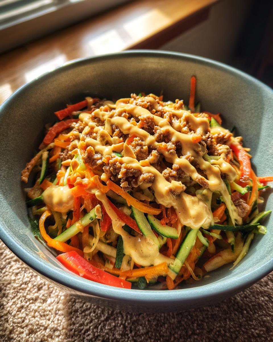 A colorful Spring Roll Bowl with Peanut Sauce, featuring fresh vegetables and a creamy sauce.