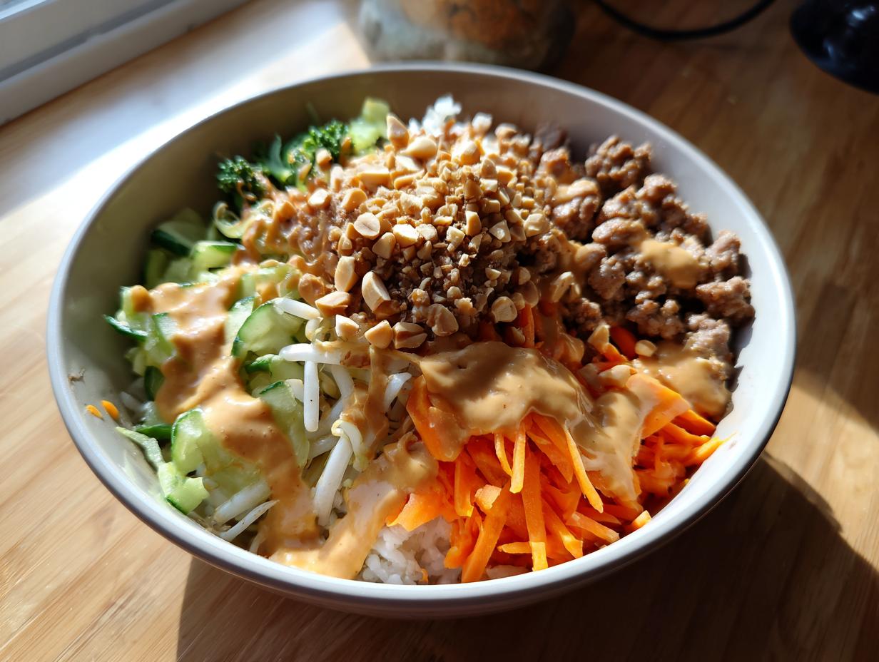 A colorful Spring Roll Bowl with Peanut Sauce, featuring vegetables, peanuts, and sauce.