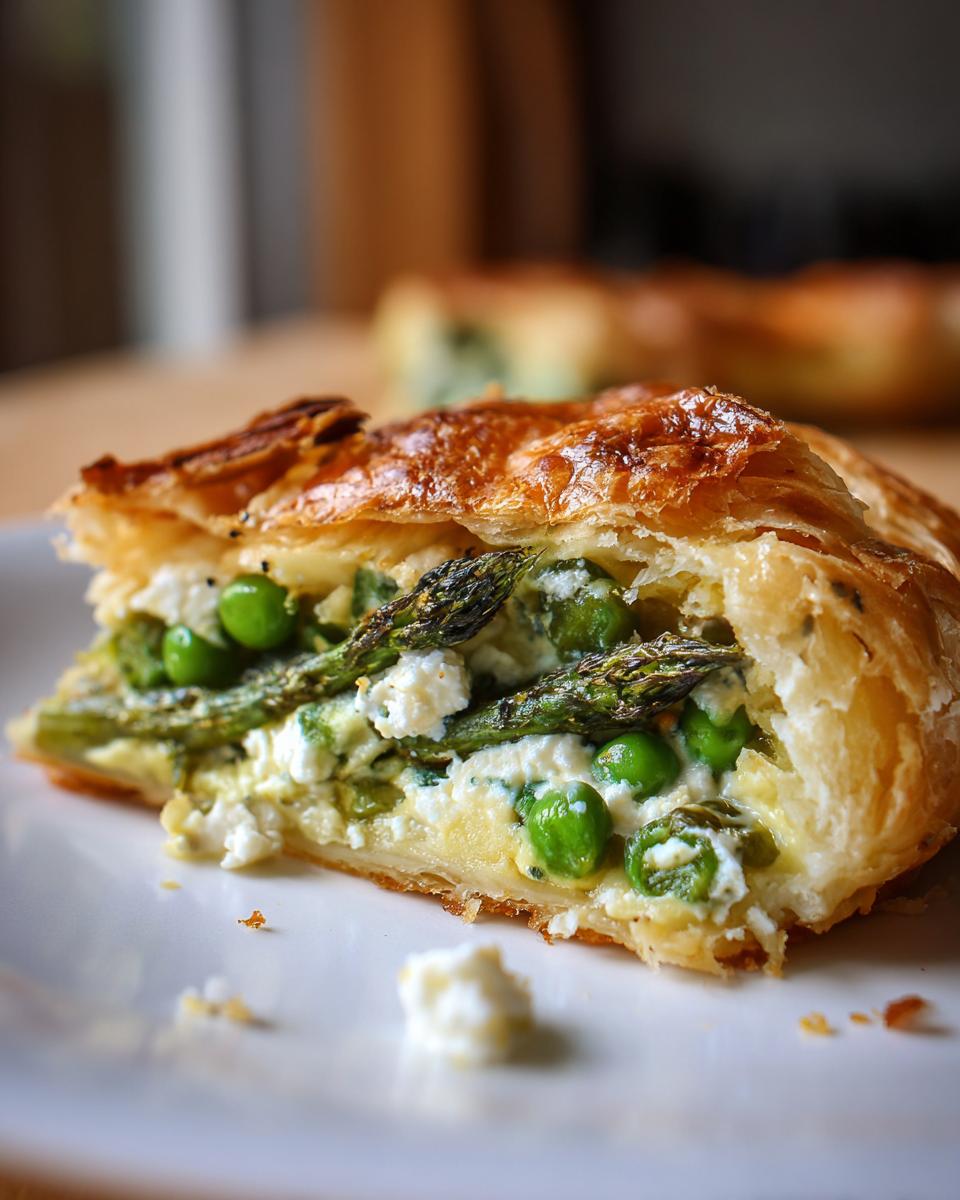Amazing Spring Baking Recipes: 1 Tart 9 Close-up of a slice of spring tart with asparagus, peas, and cheese. A delicious Spring Baking Recipes idea.