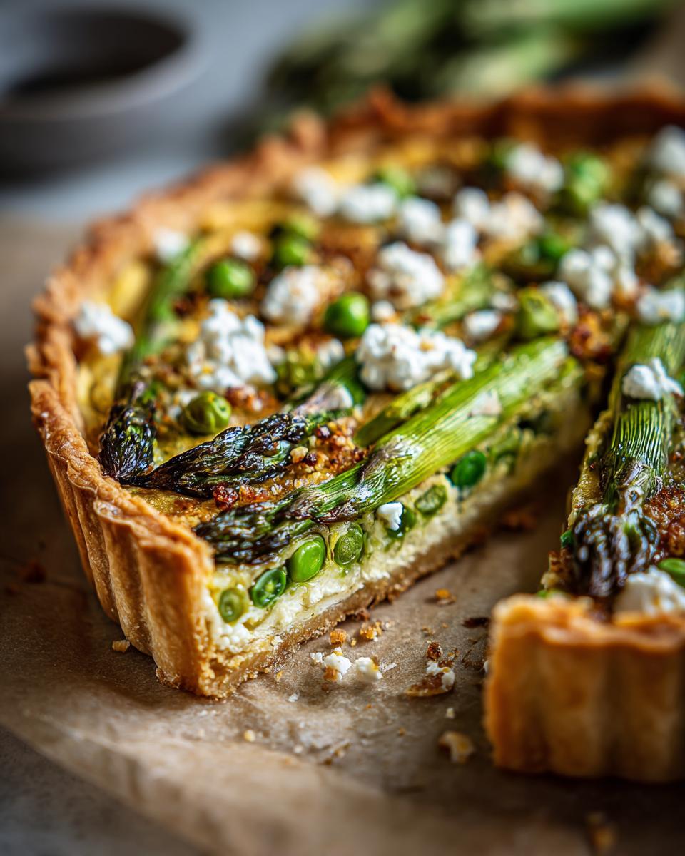 Amazing Spring Baking Recipes: 1 Tart 7 Close-up of a spring tart with asparagus, peas, and cheese, perfect for Spring Baking Recipes.