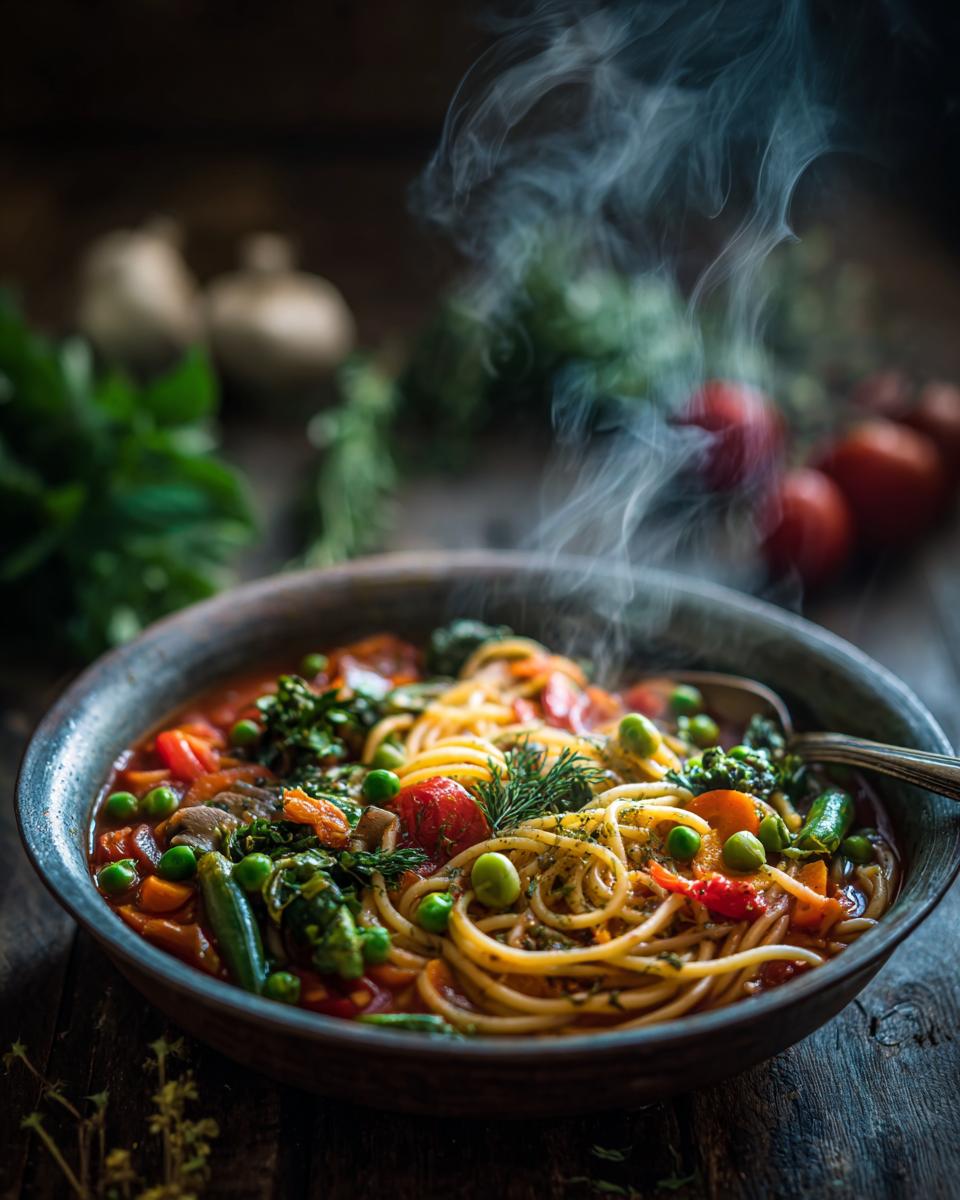 A steaming bowl of Spring Vegetable Minestrone with pasta and fresh vegetables.