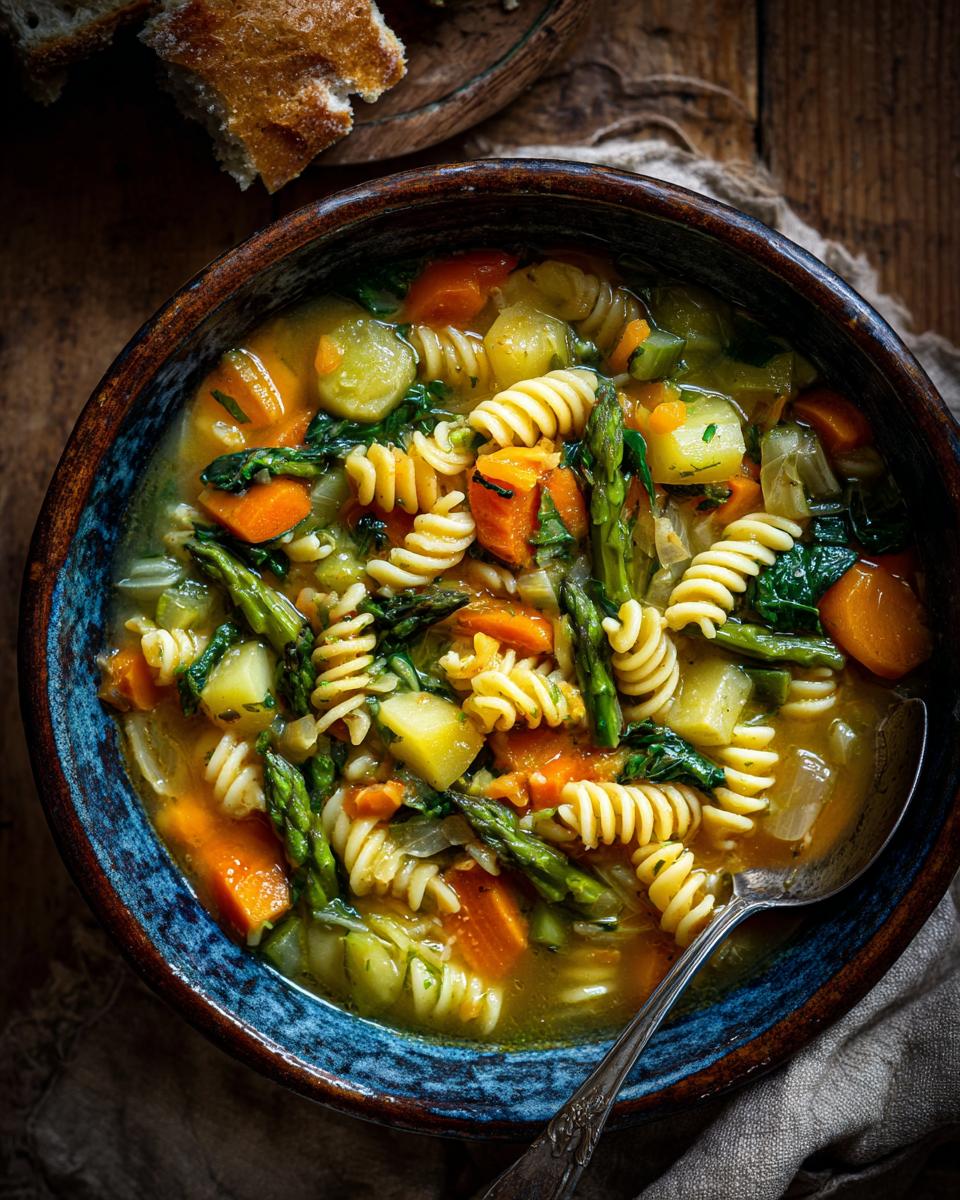 A bowl of Spring Vegetable Minestrone with pasta, carrots, asparagus, and herbs.
