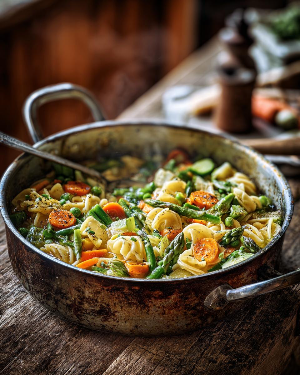 Close-up of a pot filled with delicious Spring Vegetable Minestrone, featuring pasta, carrots, and asparagus.