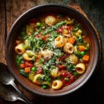 Close-up of a bowl of Spring Vegetable Minestrone soup with pasta, vegetables, and herbs.