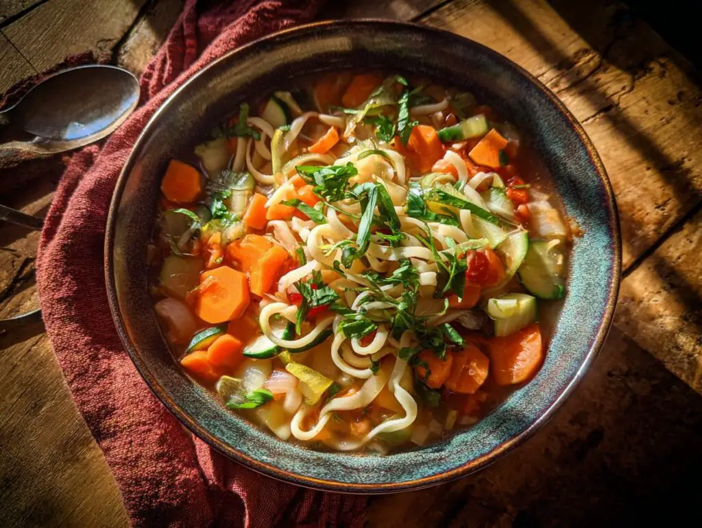 A bowl of Spring Vegetable Minestrone soup with carrots, zucchini, noodles, and fresh herbs.