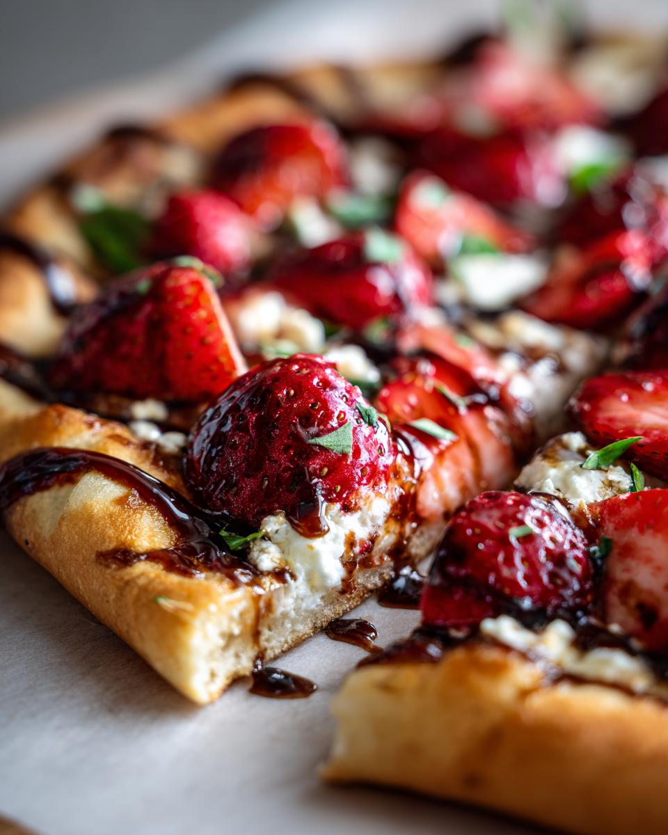 Close-up of a slice of Strawberry Balsamic Flatbread with fresh strawberries and balsamic glaze.