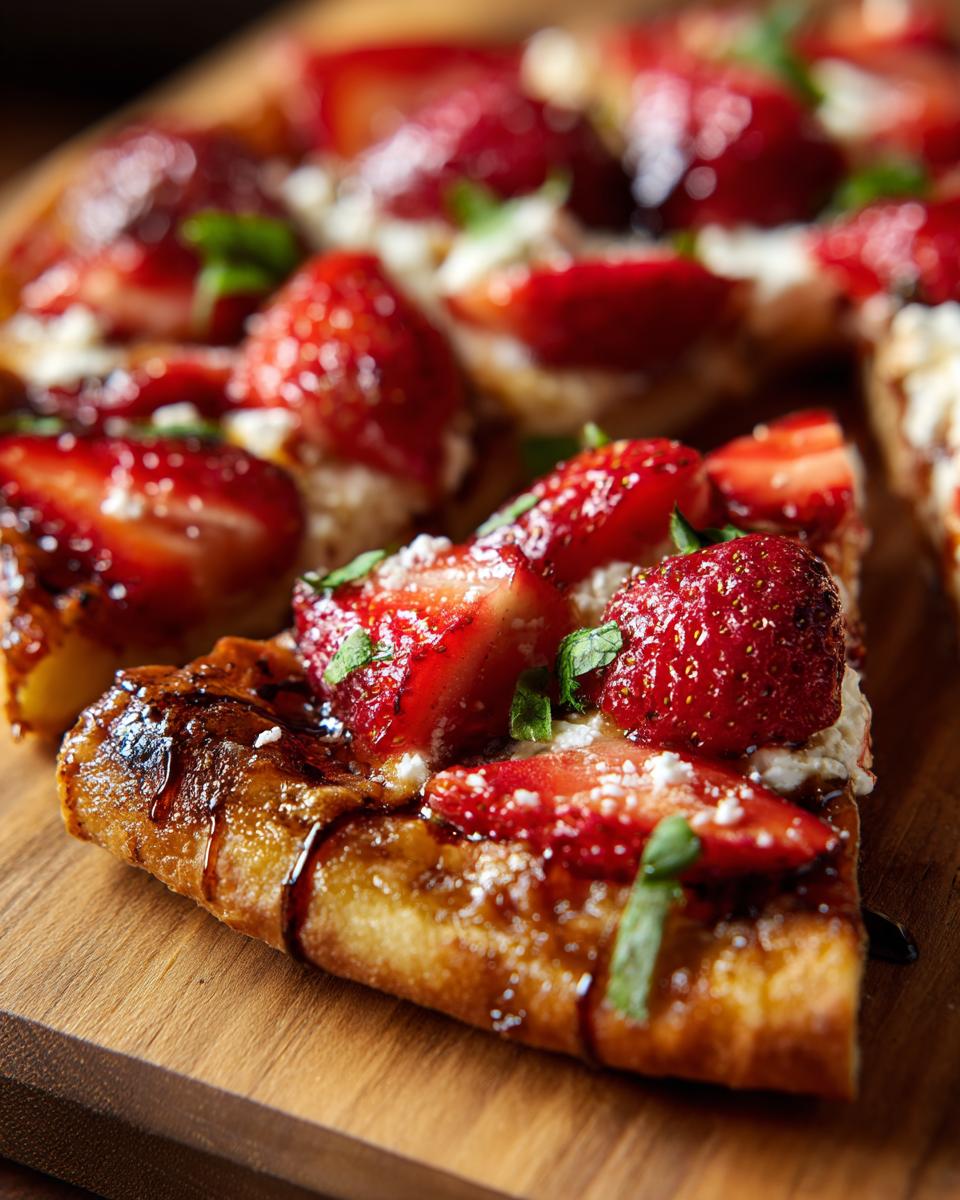 Close-up of a slice of Strawberry Balsamic Flatbread with fresh strawberries and balsamic glaze.