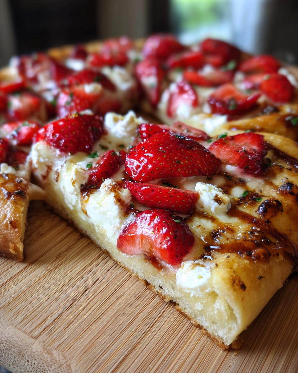 Close-up of a slice of Strawberry Balsamic Flatbread with fresh strawberries and balsamic glaze.