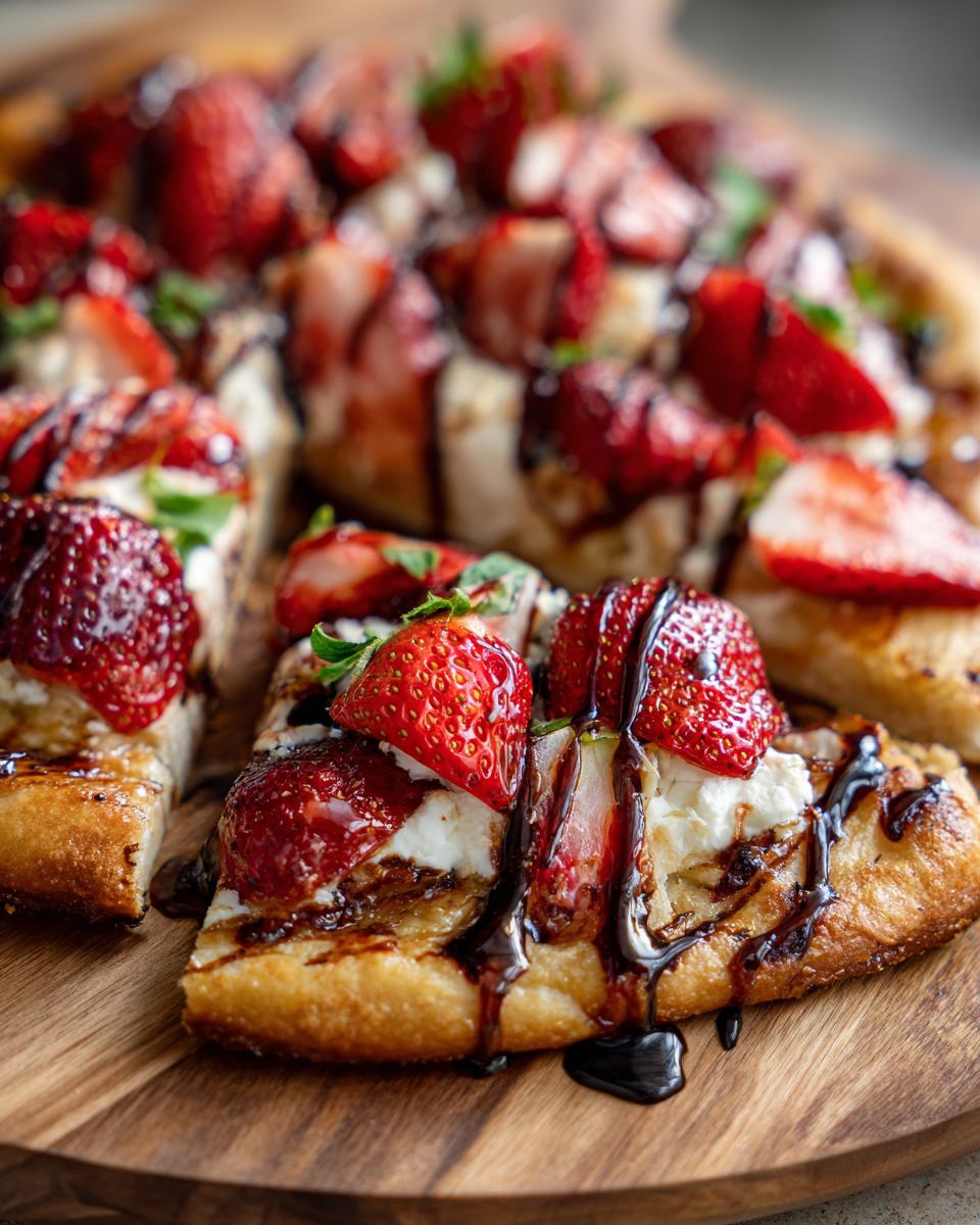 Close-up of a sliced Strawberry Balsamic Flatbread with fresh strawberries and balsamic glaze.