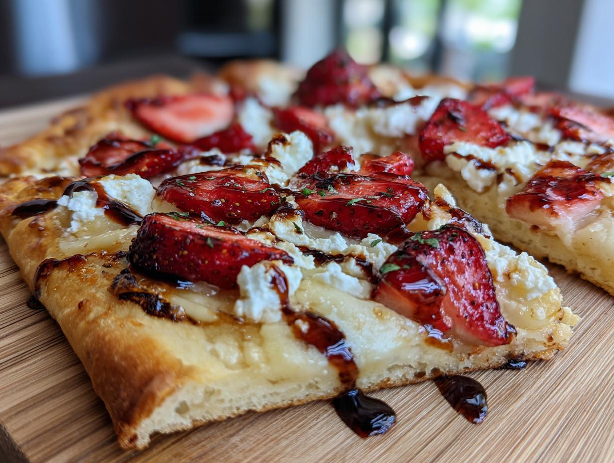 Close-up of a slice of Strawberry Balsamic Flatbread with fresh strawberries, cheese, and balsamic glaze.