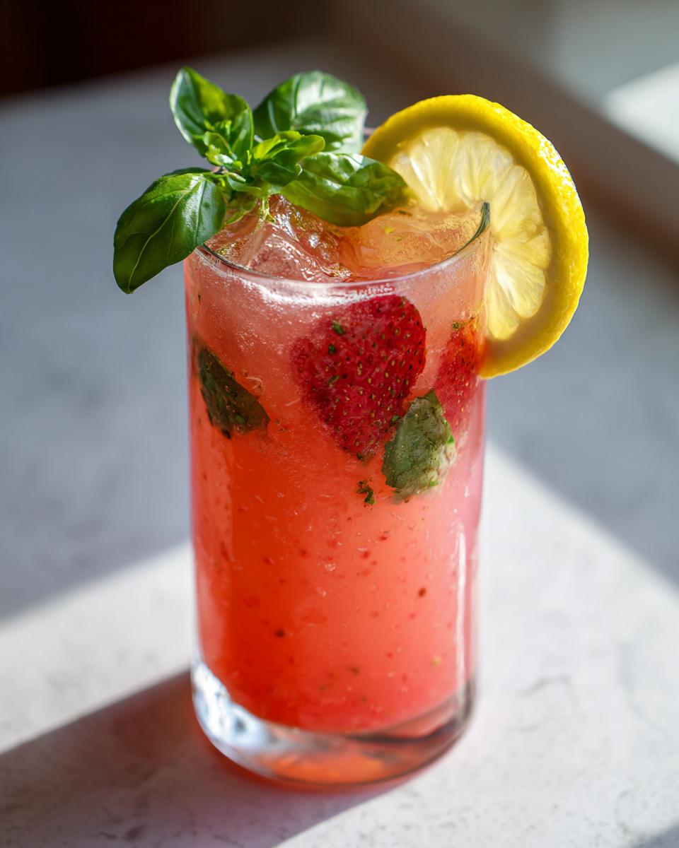 Close-up of a vibrant Strawberry Basil Lemonade cocktail with fresh basil and lemon garnish.