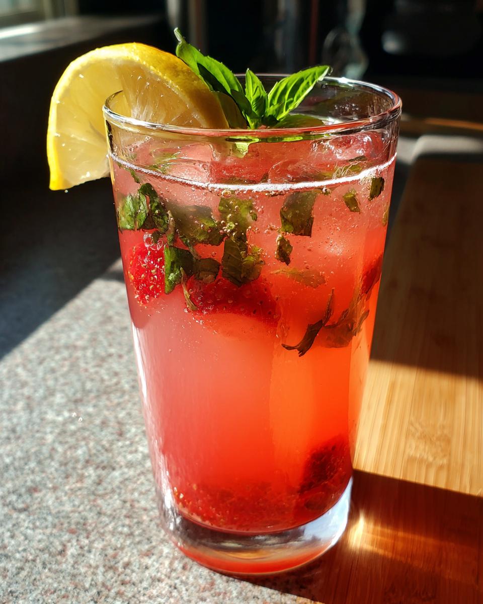 A tall glass of Strawberry Basil Lemonade garnished with lemon and basil, perfect for a hot day.
