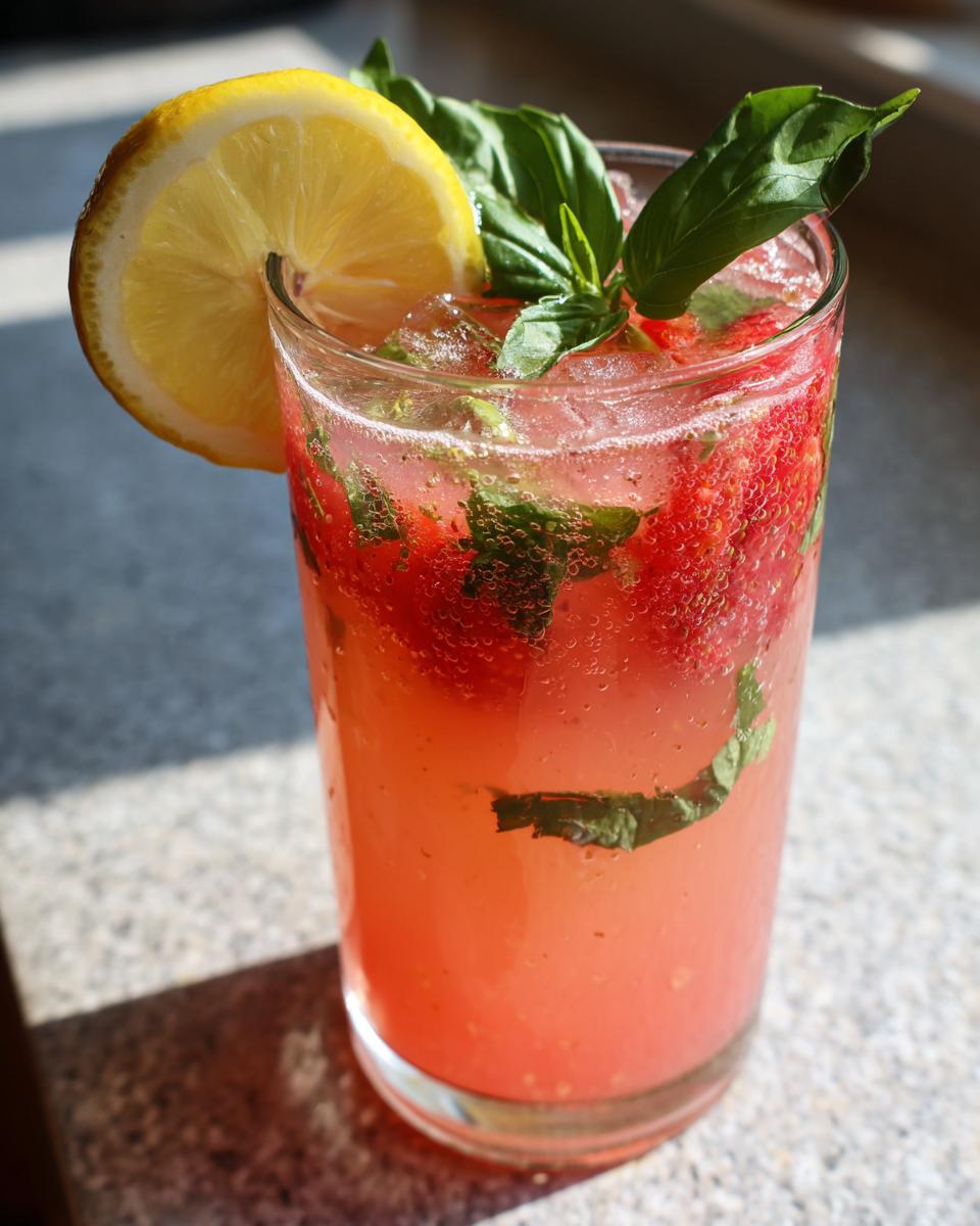 A tall glass of Strawberry Basil Lemonade garnished with lemon and basil. Refreshing drink.