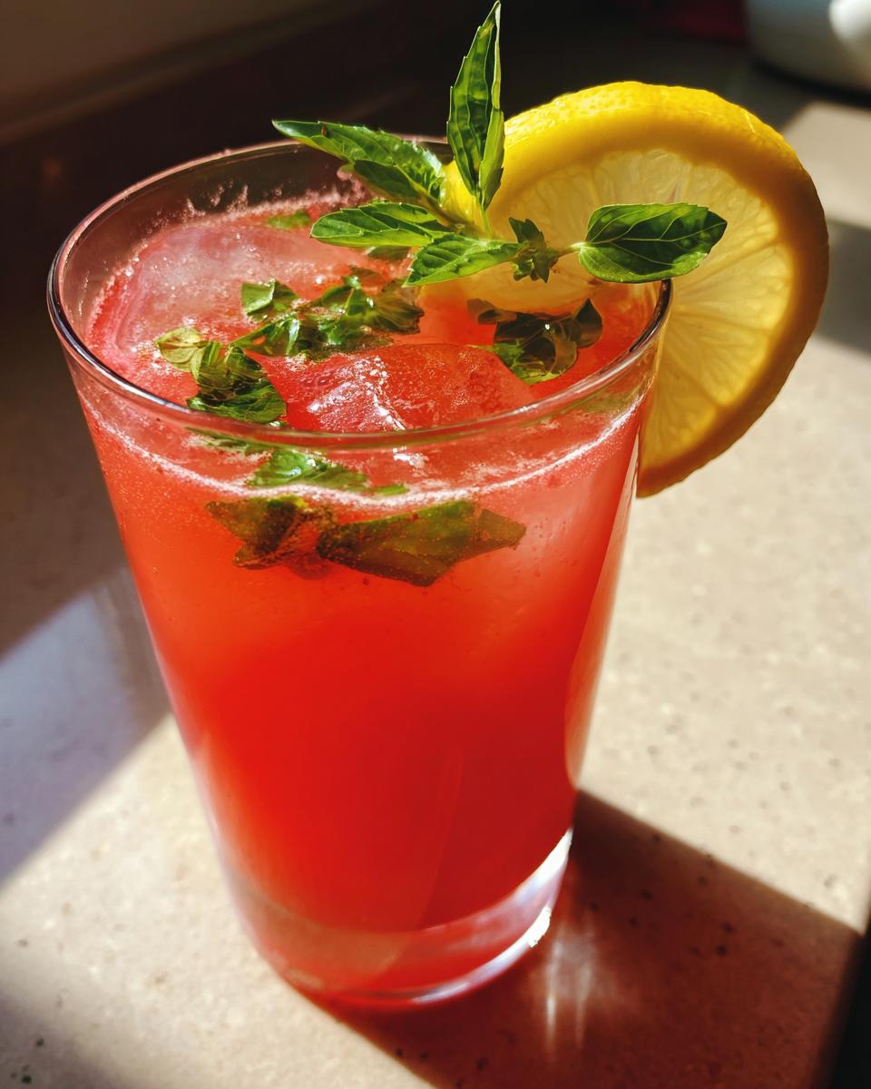 A tall glass of vibrant Strawberry Basil Lemonade garnished with lemon and basil.