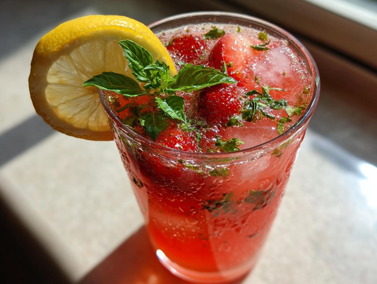 A tall glass of Strawberry Basil Lemonade with fresh strawberries, basil, and a lemon slice.